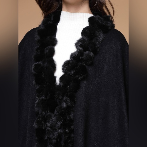 Black Faux-Fur Pom Pom Winter Shawl Shrug– One Size - Picture 6 of 9